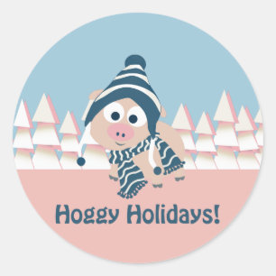 Sticker Rond Vacances Génies ! Cochon d'hiver