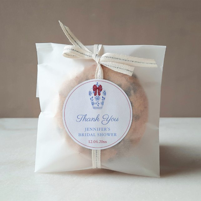 Sticker Rond Vacances Rouge Bow Ginger Jar Merci Favor (Festive Bridal Shower Favor sticker design featuring a watercolor blue white ginger jar with red bow)