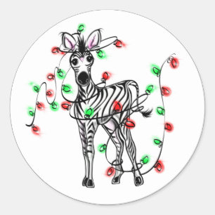Sticker Rond Vacances Zèbre, tartan rouge, lumières scintillant