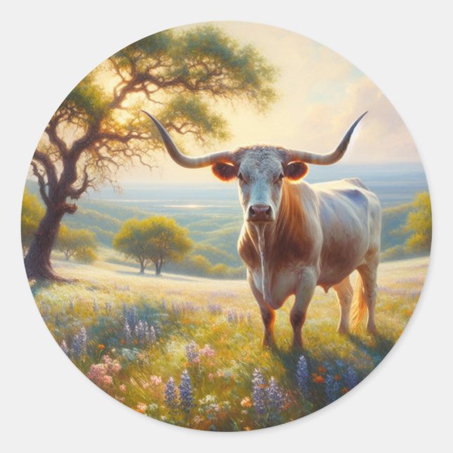 Sticker Rond Vache à landes du printemps du Texas (Devant)