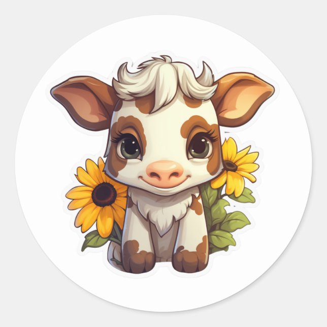 Sticker Rond Vache adorable aux tournesols (Devant)