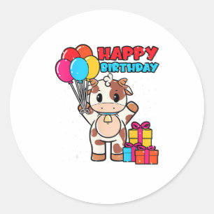 Sticker Rond Vache Birthday Balloon Thème Cattleman Farman Cute
