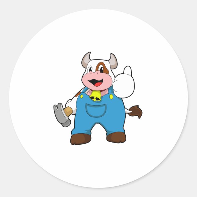 Sticker Rond Vache comme artisan avec marteau (Devant)