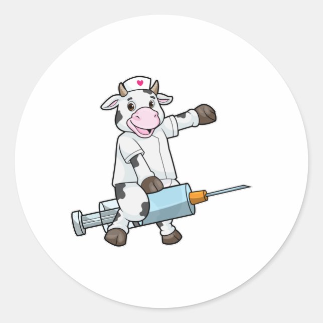Sticker Rond Vache comme infirmière avec coeur et seringue (Devant)