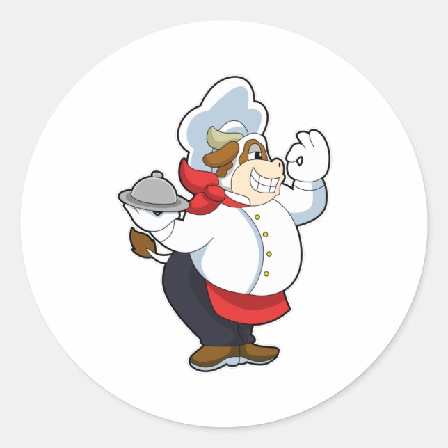 Sticker Rond Vache comme serveur avec assiette servante (Devant)