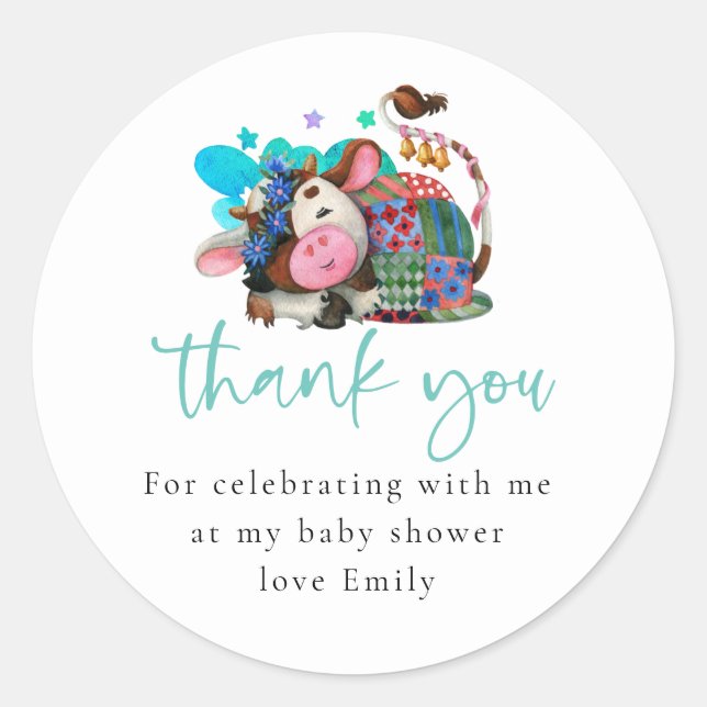 Sticker Rond Vache couchant mignon Script Baby shower Merci (Devant)