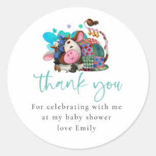 Sticker Rond Vache couchant mignon Script Baby shower Merci