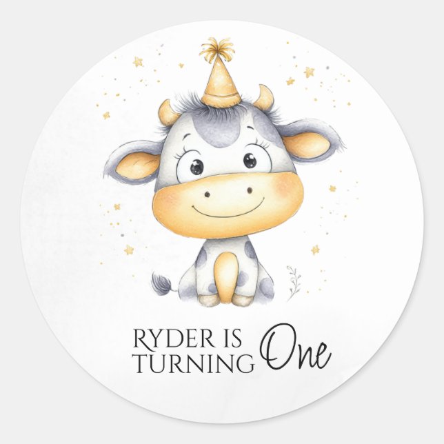 Sticker Rond Vache de ferme premier anniversaire ronde Favorise (Devant)