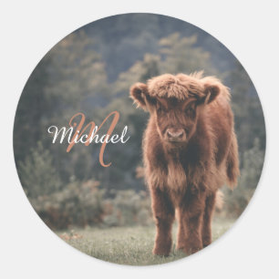 Sticker Rond Vache de Highland calvaire herbe d'automne monogra
