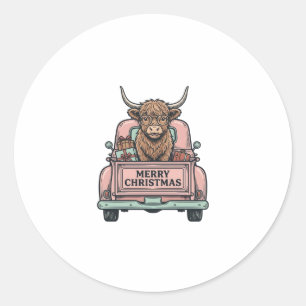 Sticker Rond Vache des Highlands Camion de Noël Gravure Vintage