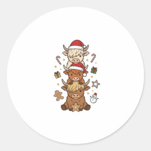 Sticker Rond Vache des Highlands de Noël Gravure Vintage Des