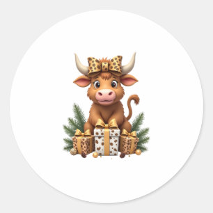 Sticker Rond Vache des Highlands Mignonne Noël Santa Amoureux d