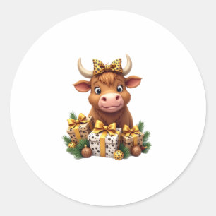 Sticker Rond Vache des Highlands Mignonne Noël Santa Vache des