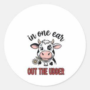 Sticker Rond Vache drôle avec une oreille dans l'autre du tee-s