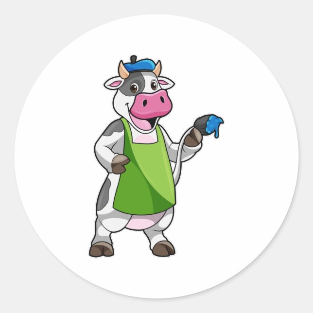 Sticker Rond Vache en peintre avec peinture et tablier (Devant)