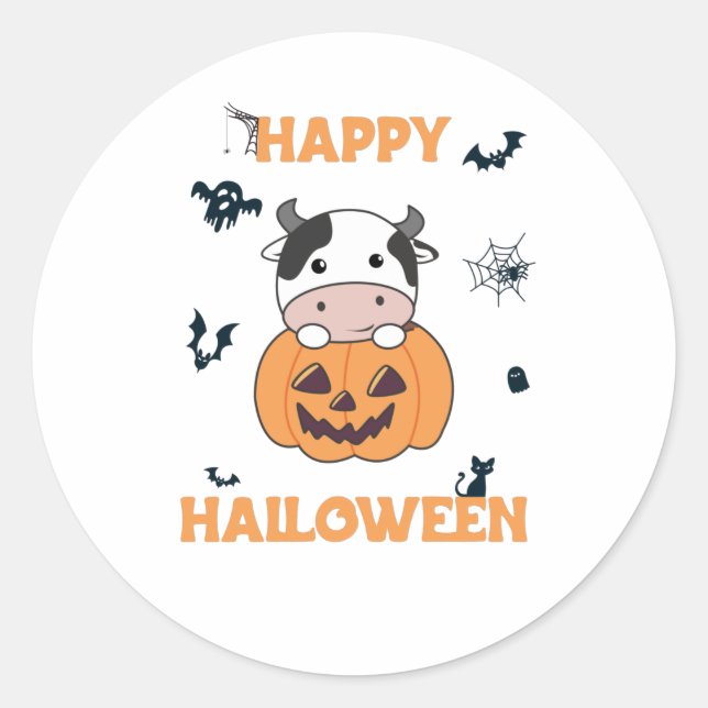 Sticker Rond Vache En Vaches mignonnes Citrouilles Bonne Hallow (Devant)