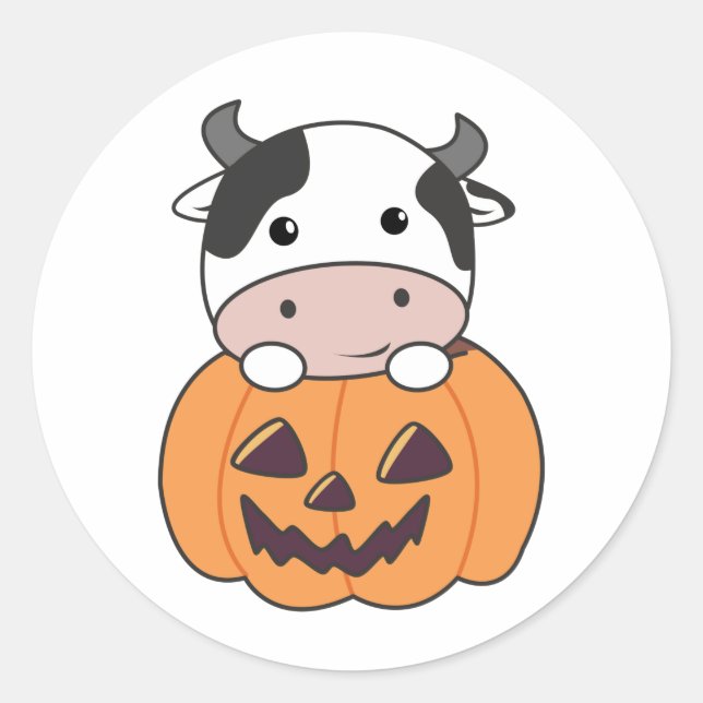 Sticker Rond Vache En Vaches mignonnes Citrouilles Bonne Hallow (Devant)