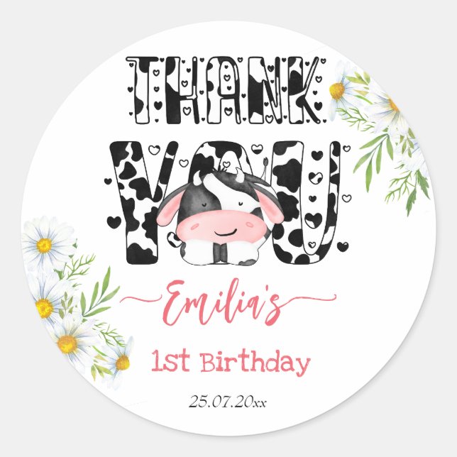 Sticker Rond Vache fête d'anniversaire vache motif marguerite m (Devant)