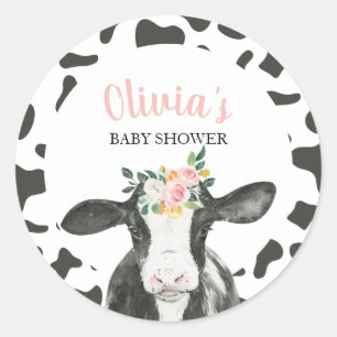 Sticker Rond Vache Fleurs roses et Gingham Baby Shower