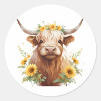 Vache Highland avec Couronne de fleurs de tourneso