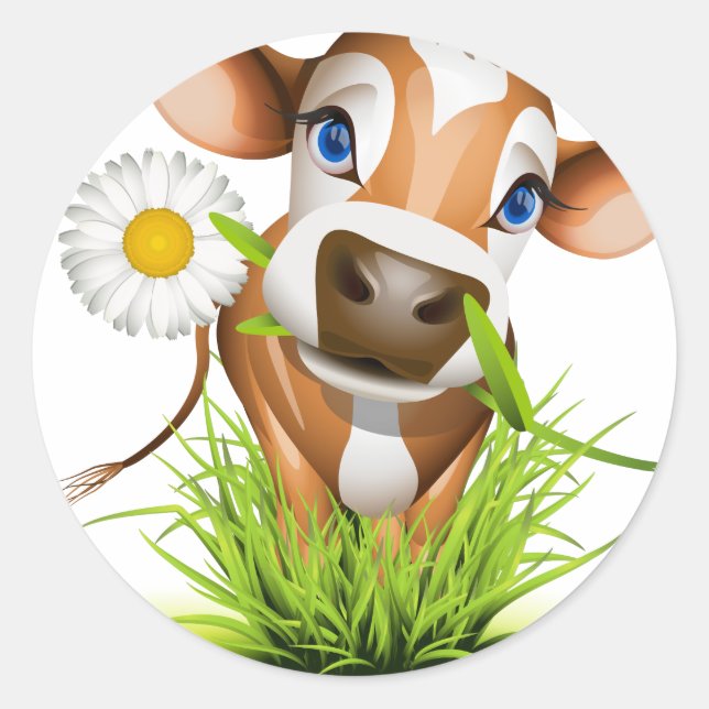 Sticker Rond Vache Jersey dans l'herbe (Devant)