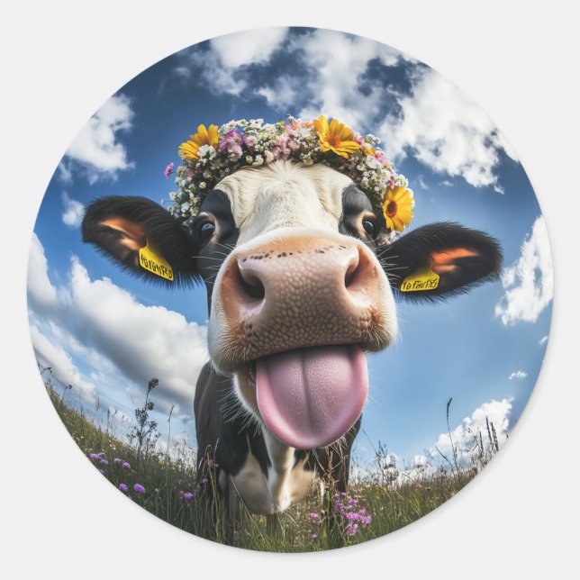 Sticker Rond Vache joyeuse en fleur (Devant)