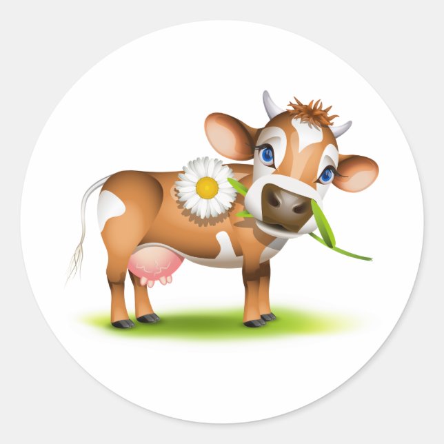 Sticker Rond Vache laitière au dessin mignonne avec fleur et he (Devant)
