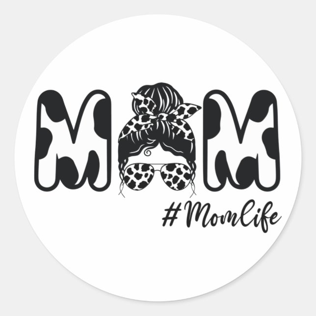 Sticker Rond Vache Maman Vie Messy Bun Mama Vache Anniversaire  (Devant)