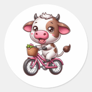 Sticker Rond Vache marron et blanche à vélo