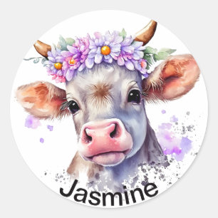 Sticker Rond Vache mignonne avec votre nom couronne florale aqu