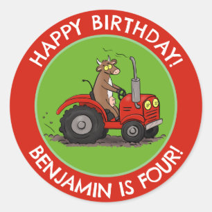 Sticker Rond Vache mignonne équitation tracteur anniversaire pe