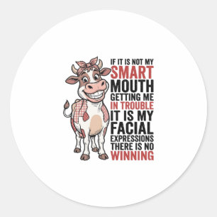Sticker Rond Vache mignonne insolente bouche intelligente graph