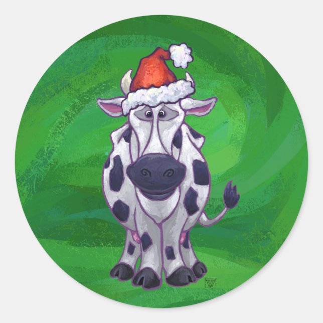 Sticker Rond Vache Noël sur vert (Devant)