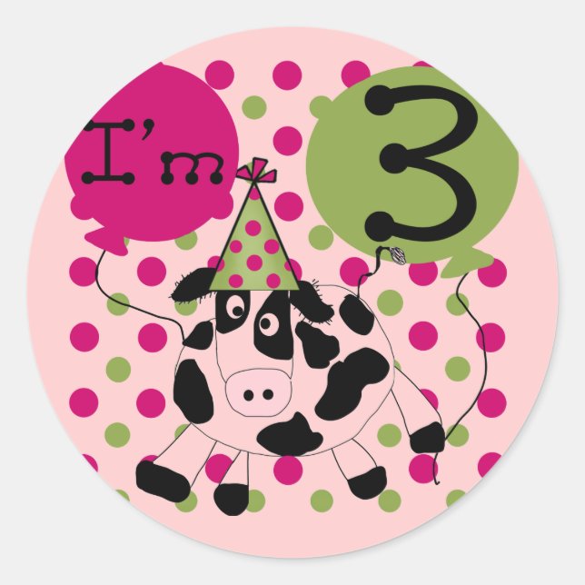 Sticker Rond Vache rose 3e Anniversaire Tshirts et cadeaux (Devant)