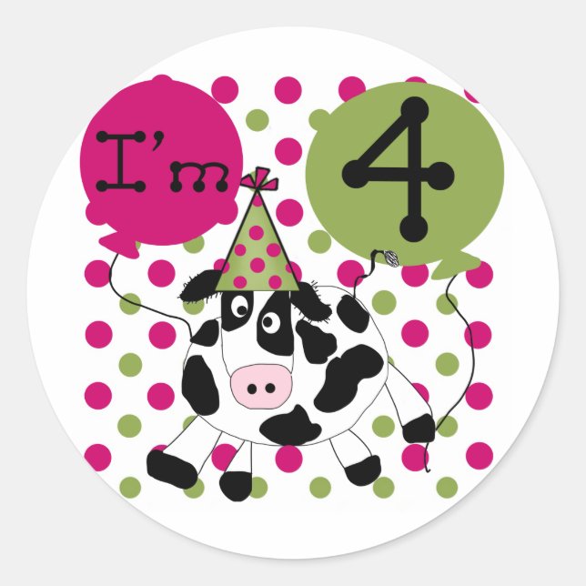 Sticker Rond Vache rose 4e Anniversaire Tshirts et cadeaux (Devant)
