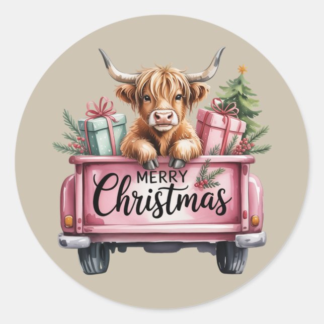 Sticker Rond Vache Rose Highland Xmas Fille Fluffy Vache dans C (Devant)