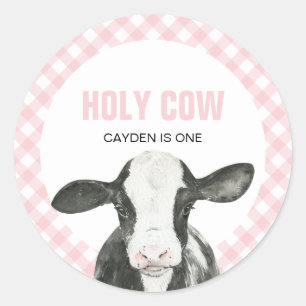 Sticker Rond Vache sacrée, je suis un anniversaire à carreaux r