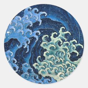 Sticker Rond Vague féminine de Hokusai Océan Vintage