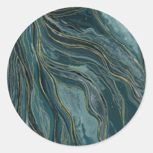 Sticker Rond Vagues aquarelles abstraites bleu sarcelle or