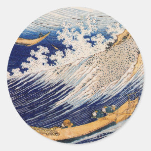 Sticker Rond Vagues océaniques Hokusai Bateaux en mer