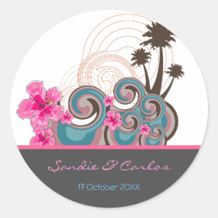 Sticker Rond Vagues tropicales Hibiscus rose Destination Mariag