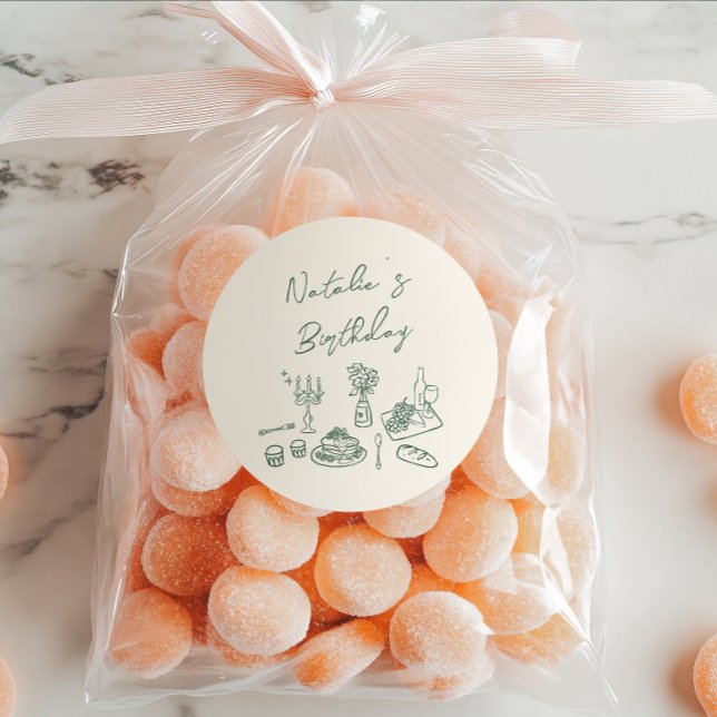 Sticker Rond Vaisselle Écrite À La Main Verte Anniversaire Dîne (Créateur téléchargé)