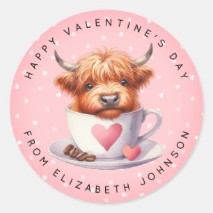 Sticker Rond Valentine Highland Cow Nom personnalisé Round