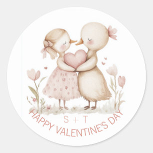 Sticker Rond Valentine's Day Canard Couple Initiales sur mesure