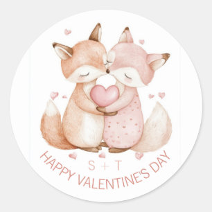Sticker Rond Valentine's Day mignonne Fox Couple Initiales pers