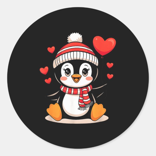 Sticker Rond Valentine's Day Penguin Heart Balloon Cute  (Devant)