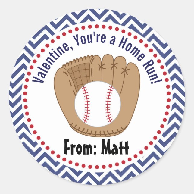 Sticker Rond Valentines de baseball École Nom personnalisé (Devant)