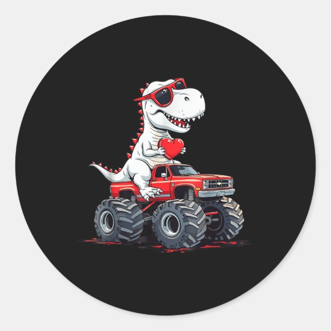 Sticker Rond Valentines Jour Dinosaure Monster Camion Avec Coeu (Devant)
