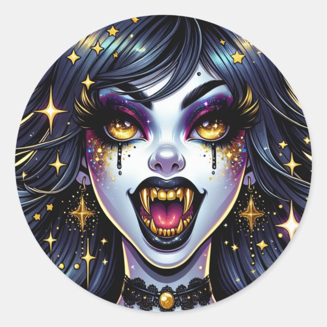 Sticker Rond Vampire avec Gold Fangs Pleine lune Halloween Part (Devant)
