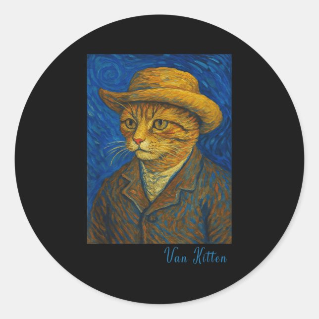 Sticker Rond Van Gogh Cat Kitten Lover Self Rtrait Style Artist (Devant)